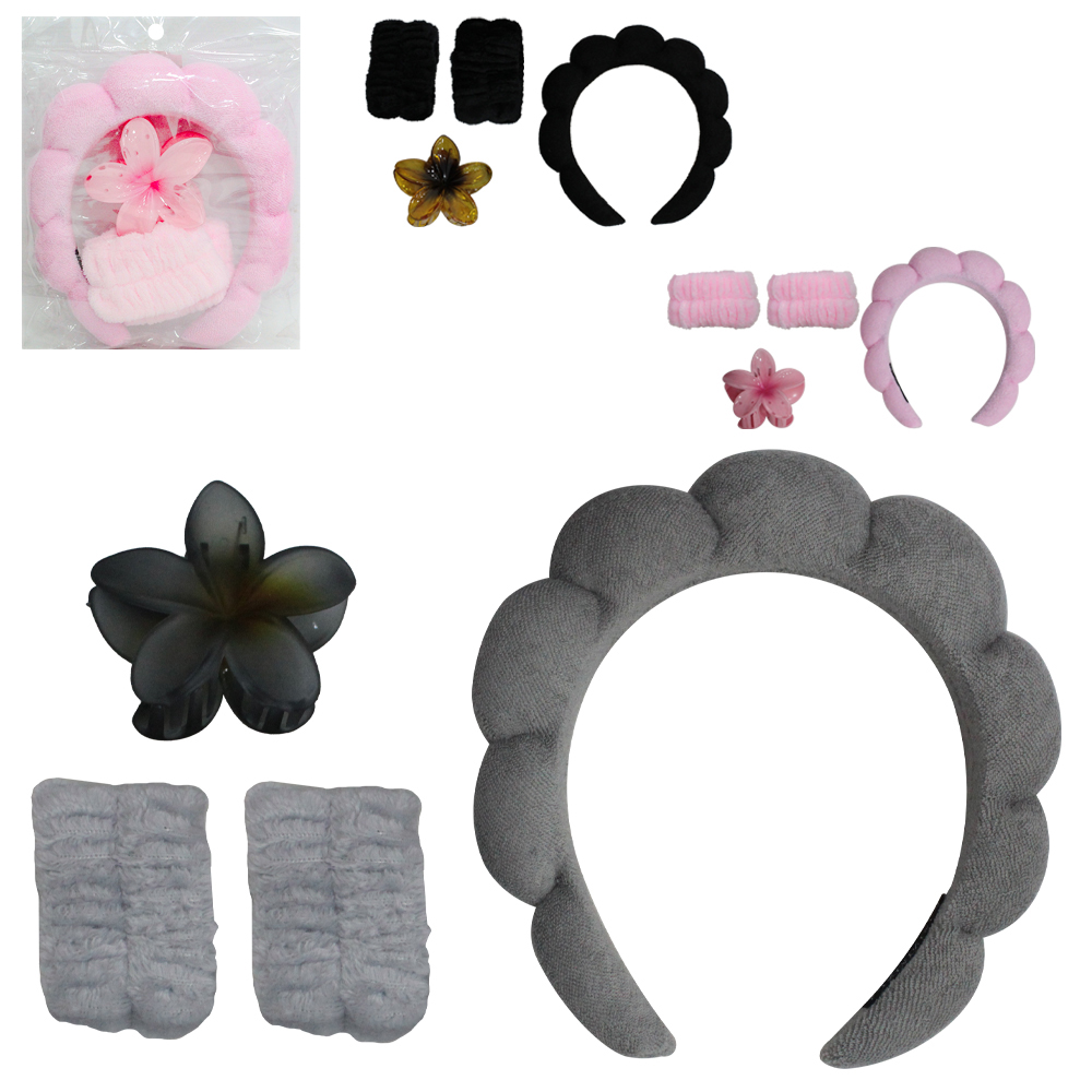 KIT ACESSORIOS PARA CABELO ELASTICO / RABICO COM TIARA DE PELUCIA + PIRANHA FLOR FOSCA 4 PECAS
