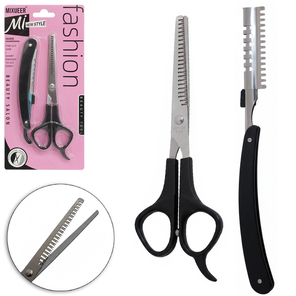 TESOURA DE BARBEIRO / CABELEIREIRO DE INOX DENTADA 6,5'' 17CM + NAVALHETE DOBRAVEL