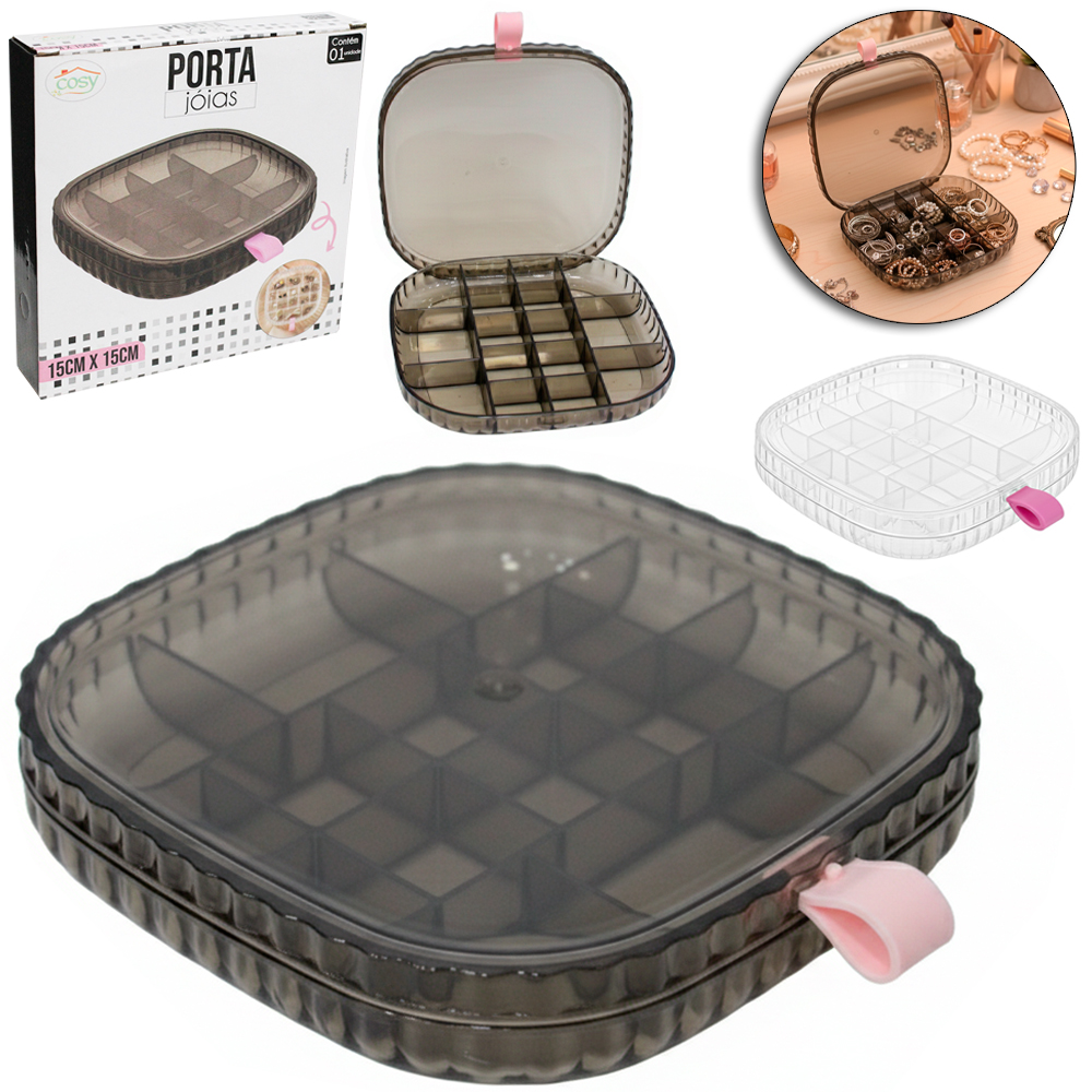 PORTA JOIAS DE PLASTICO QUADRADO COM 16 DIVISORIAS + TAMPA 15X15CM