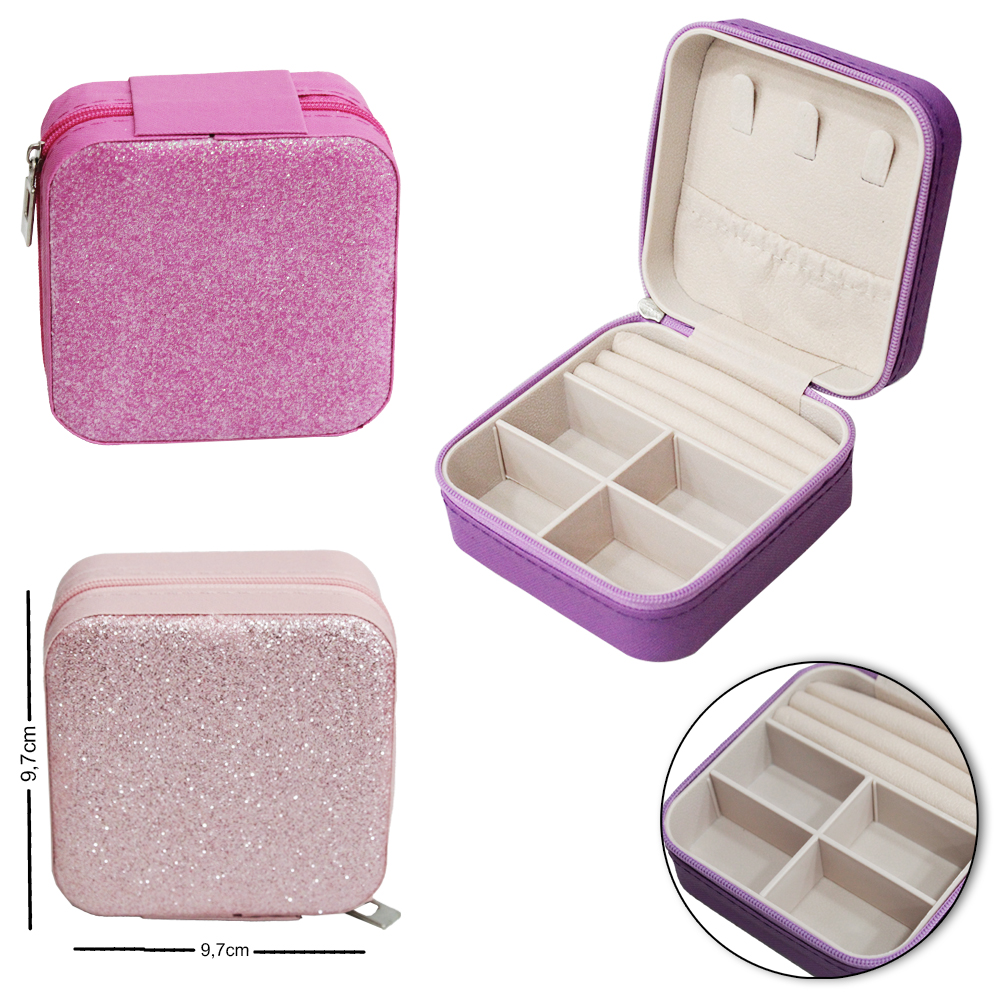 ESTOJO PORTA JOIAS DE PVC QUADRADO COM GLITTER 9,7X9,7X4,8CM