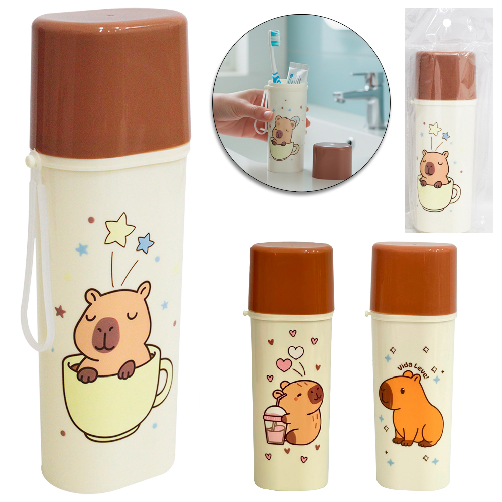 PORTA OBJETO / ESCOVA DENTAL DE PLASTICO COM TAMPA CAPIVARA 19,5X6,5X4,5CM