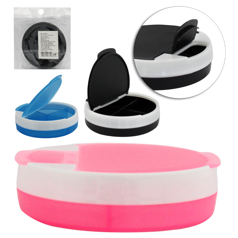 PORTA COMPRIMIDO DE PLASTICO REDONDO COM 4 COMPARTIMENTOS 2X7CM DE Ø