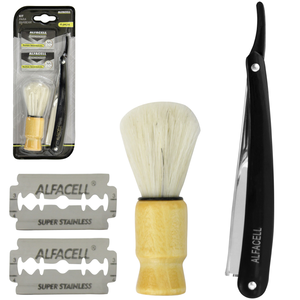 PINCEL CABO MADEIRA + NAVALHETE PARA BARBEAR COM SUPORTE + LAMINA
