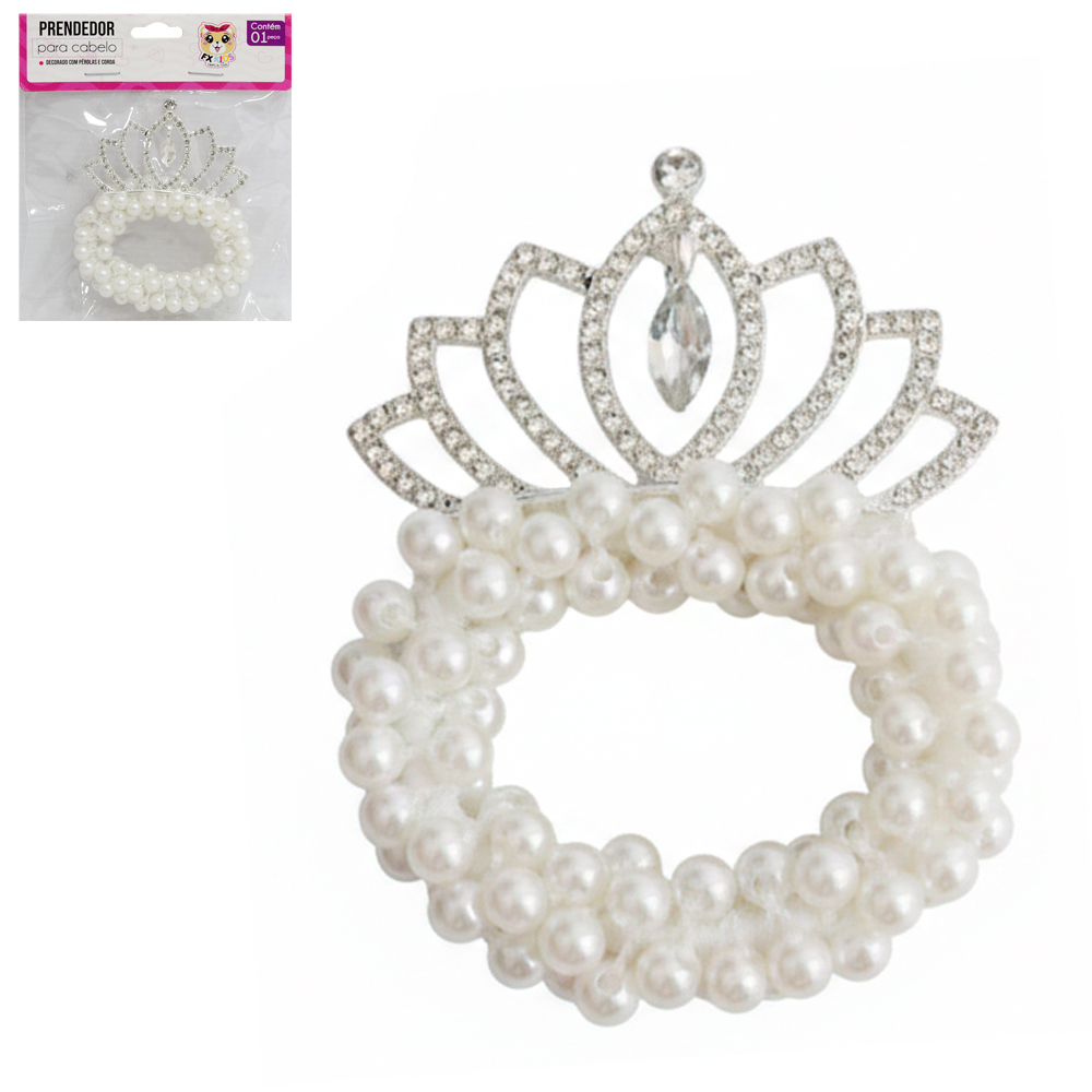 ACESSORIO PARA CABELO ELASTICO / RABICO COM PEROLAS E COROA 8X6CM DE Ø