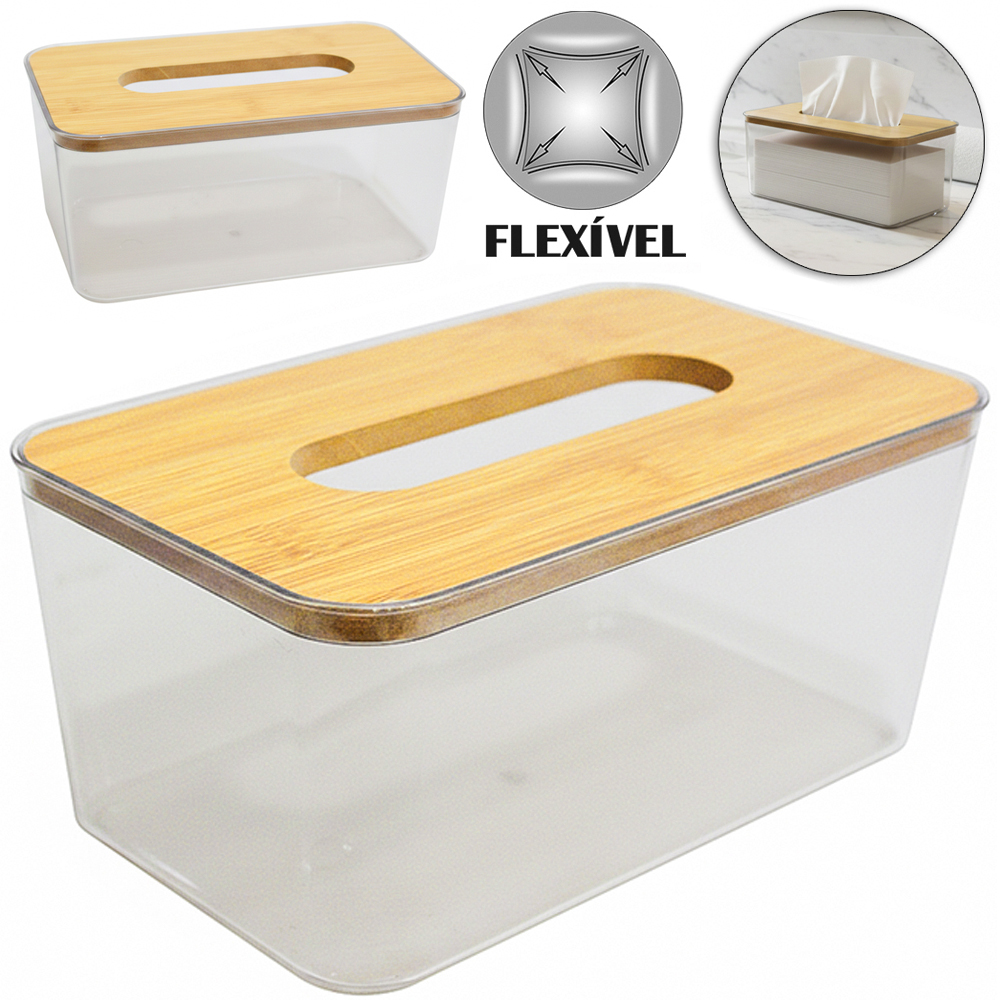 PORTA LENCOS DE PAPEL DE PLASTICO PET FLEXIVEL RETANGULAR COM TAMPA DE BAMBU 21,6X13,5X10CM