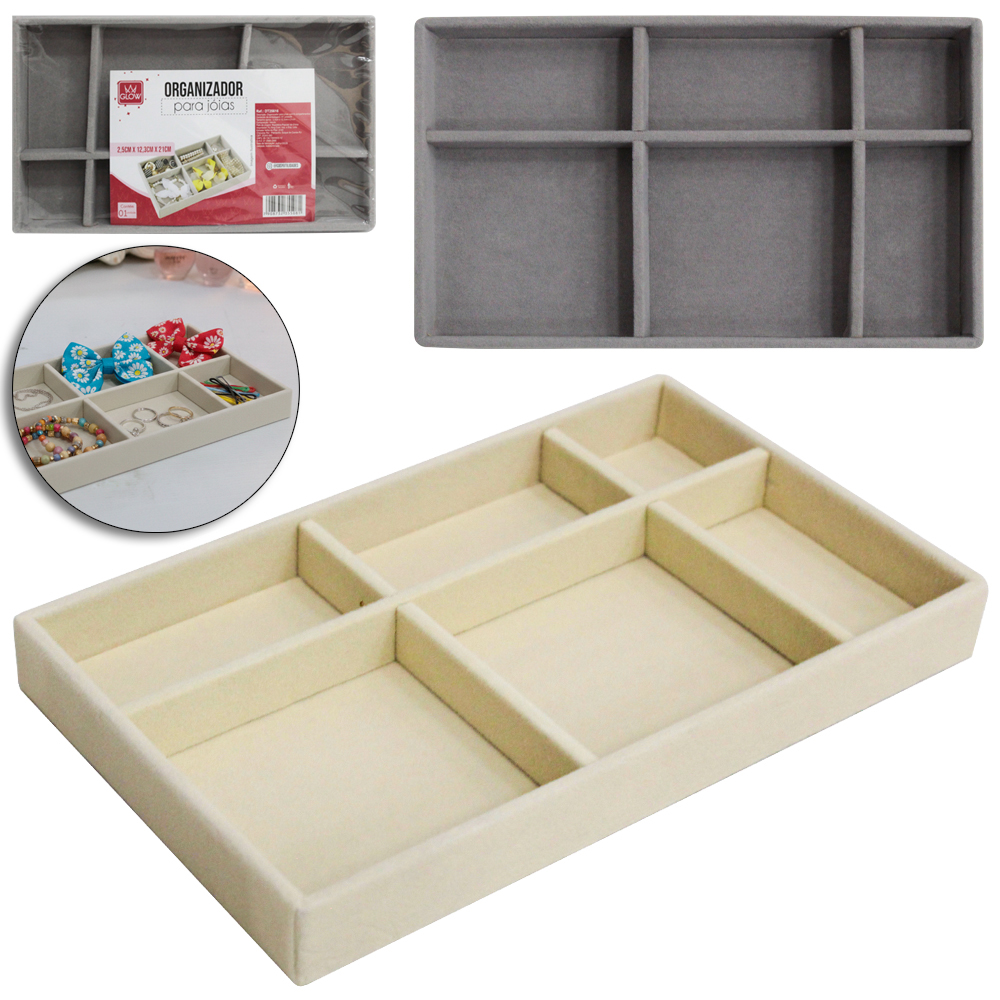 BANDEJA PORTA JOIAS DE POLIESTER RETANGULAR COM 6 DIVISORIAS 21X12,3X2,5CM