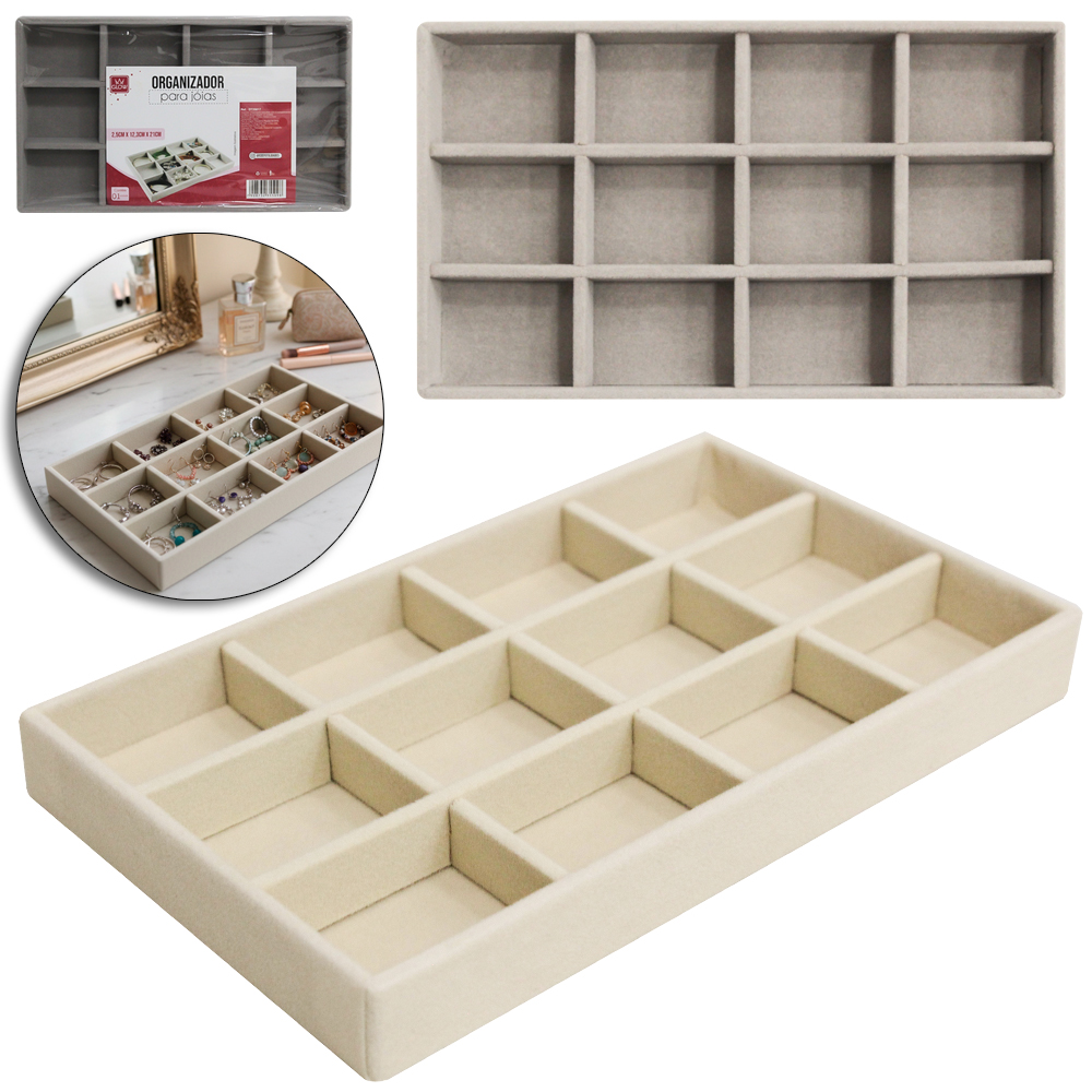 BANDEJA PORTA JOIAS DE POLIESTER RETANGULAR COM 12 DIVISORIAS 21X12,3X2,5CM