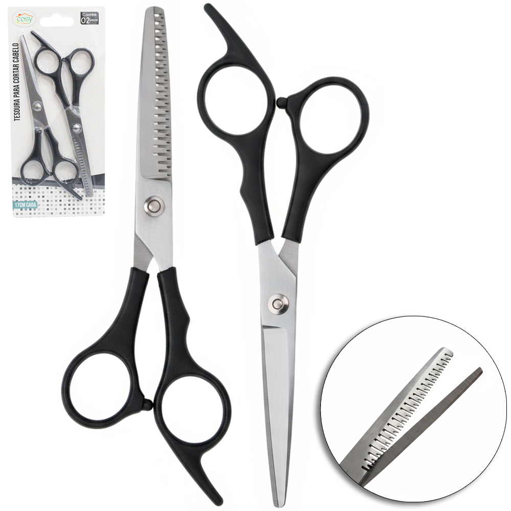 TESOURA DENTADA E LISA DE BARBEIRO / CABELEIREIRO DE INOX COM 2 PECAS 6,5'' 16,5CM