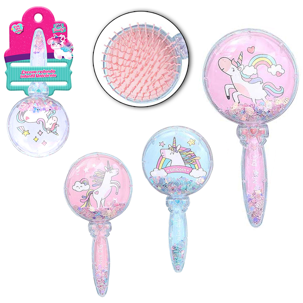 ESCOVA DE CABELO REDONDA UNICORNIO CABO ACRILICO DM BEAUTY 17,5X8,5CM DE Ø
