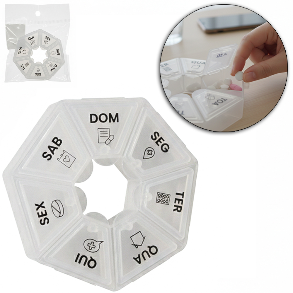 PORTA COMPRIMIDO DE PLASTICO REDONDO SEMANAL COM 7 COMPARTIMENTOS 2X7,5CM DE Ø