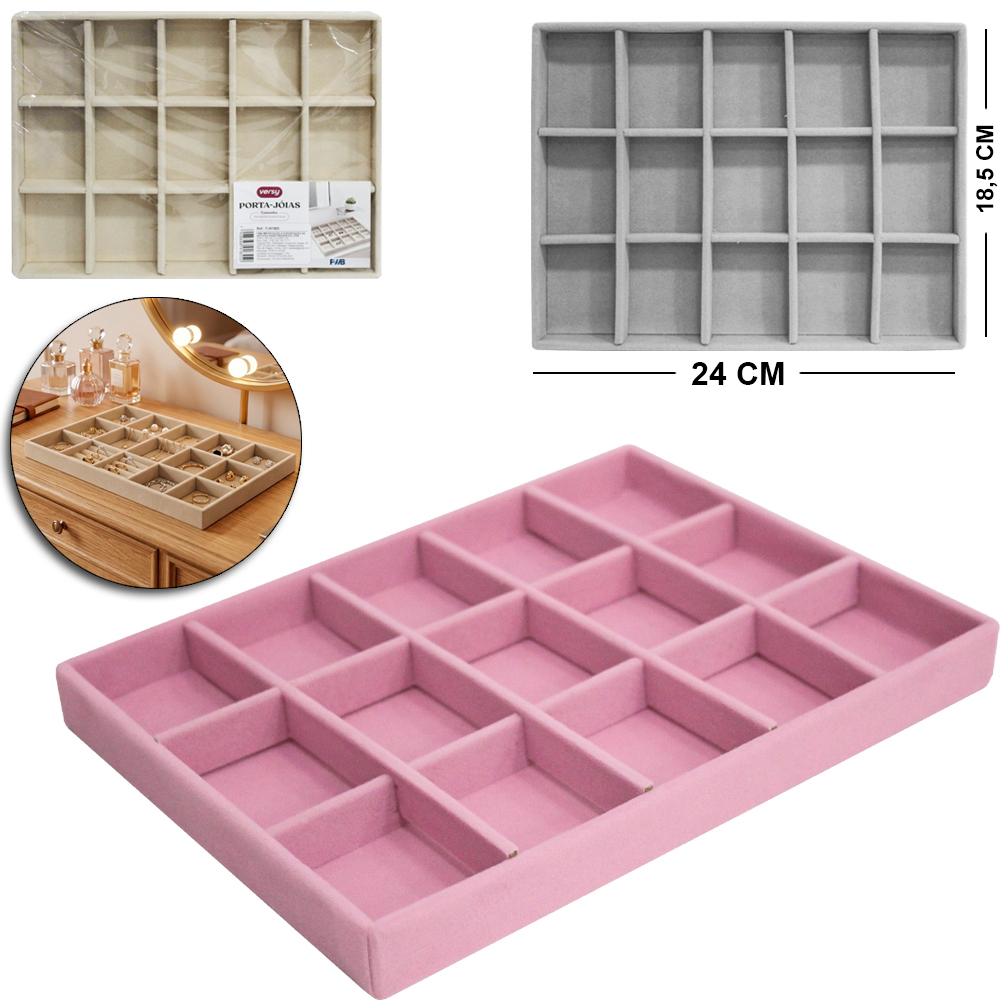 BANDEJA PORTA JOIAS DE POLIESTER RETANGULAR COM 15 DIVISORIAS VERSY 24X18,5X2,5CM