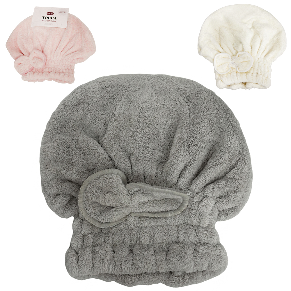 TOUCA TOALHA ATOALHADA PARA SECAR CABELO POS BANHO DE POLIESTER COM LACO VERSY 26X25CM