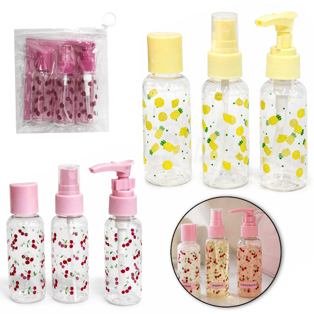 KIT FRASCO DE PLASTICO PET FRUTAS PARA VIAGEM COM 3 PECAS NA BOLSA