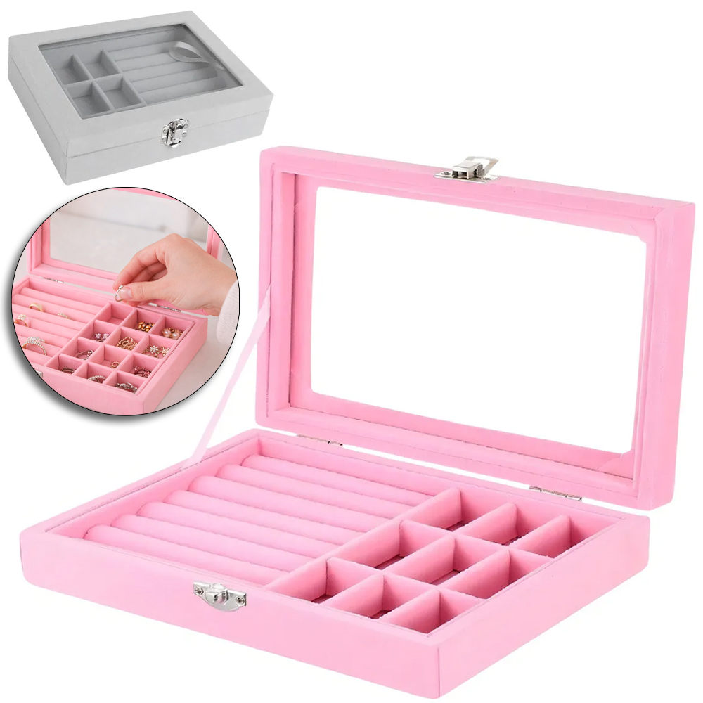 MALETA PORTA JOIAS DE POLIESTER RETANGULAR COM 9 DIVISORIAS + TAMPA VIDRO E TRAVA 20X15X5CM