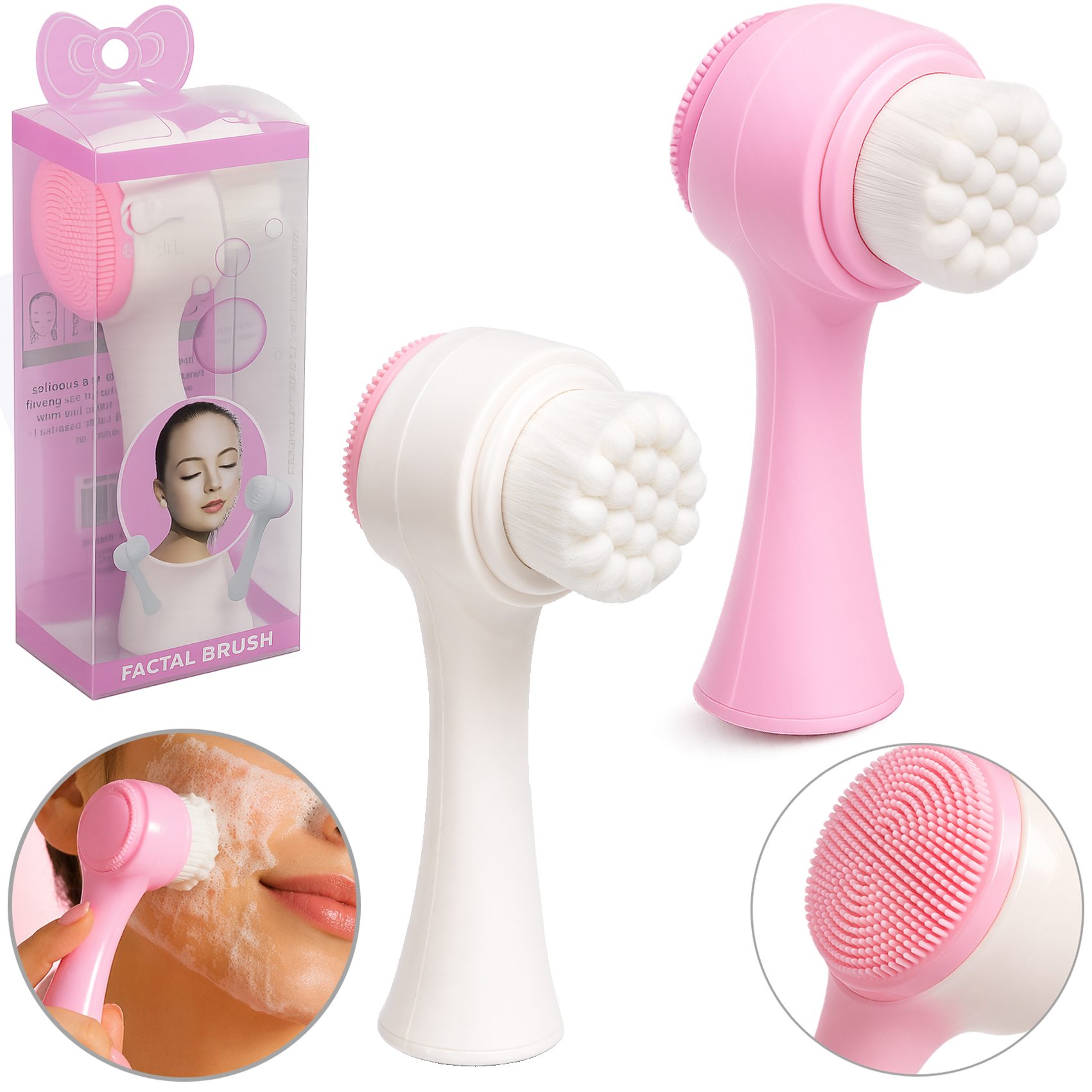 ESCOVA DE LIMPEZA FACIAL 2 EM 1 COM ESPONJA MASSAGEADORA DE SILICONE 13X6CM