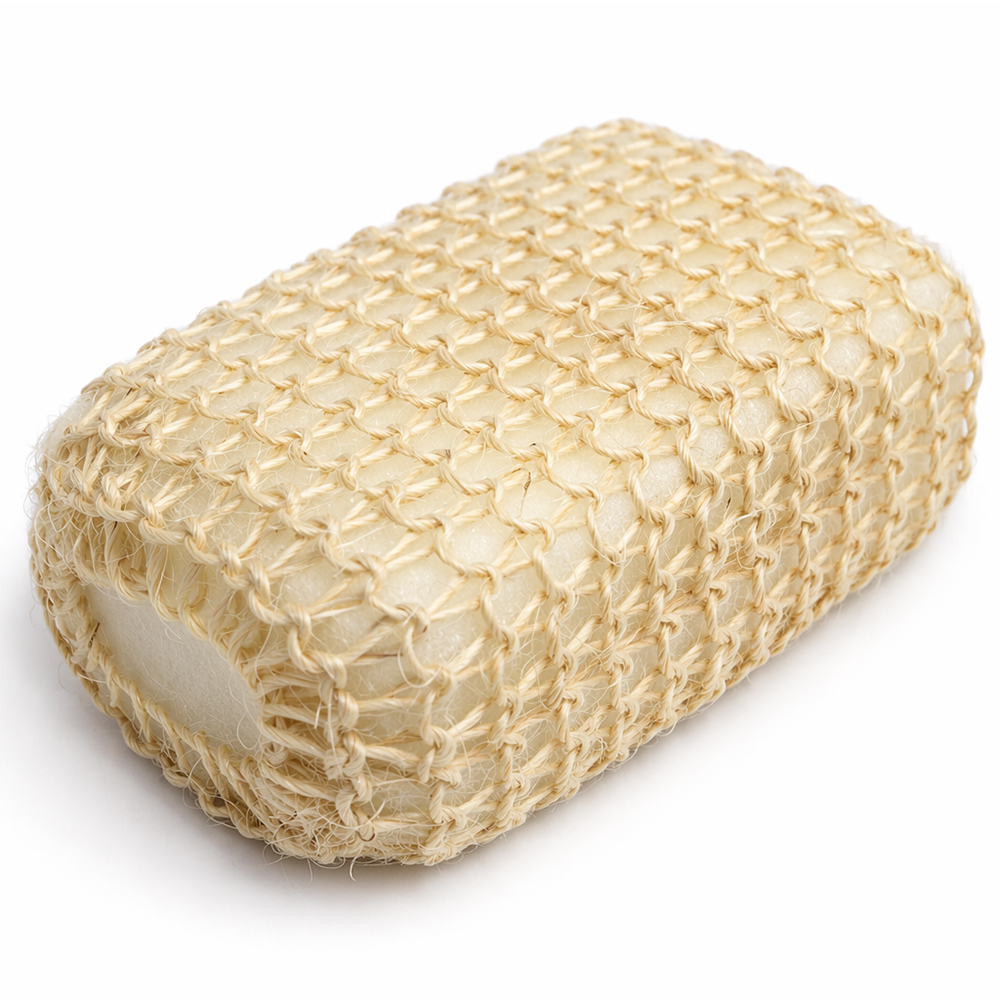 ESPONJA / BUCHA DE ESPUMA REVESTIDO DE PALHA PARA BANHO COM ALCA 13X8X5CM