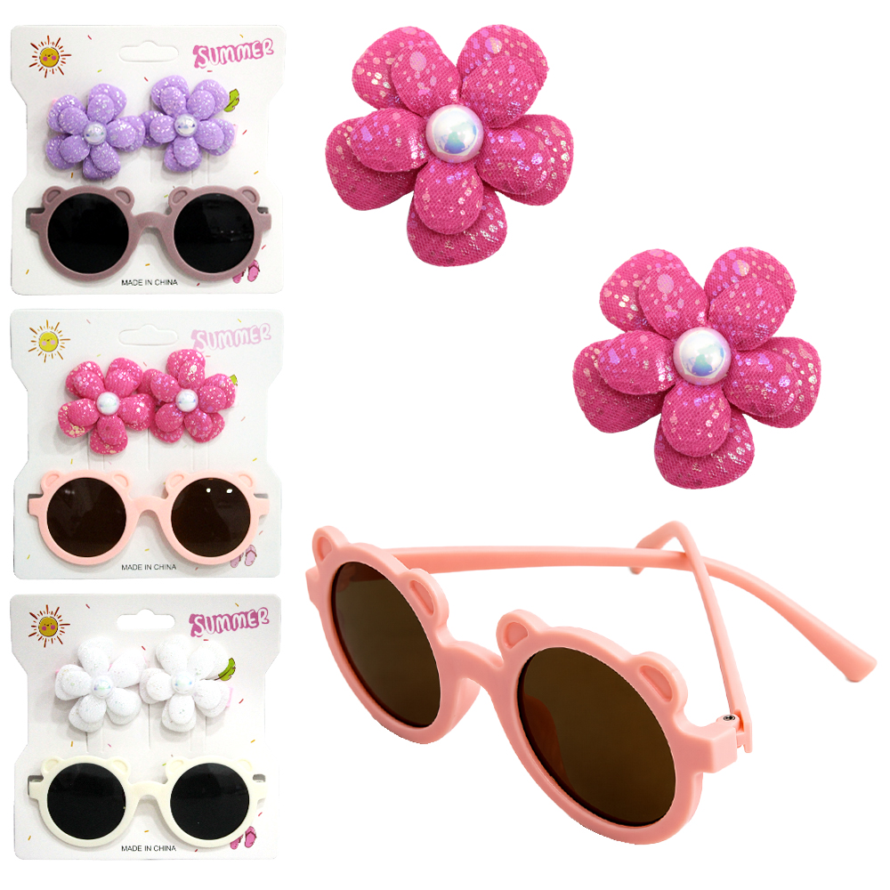 KIT BELEZA INFANTIL COM OCULOS PANDA + 2 ACESSORIOS PARA CABELO PRESILHA FLOR SUMMER