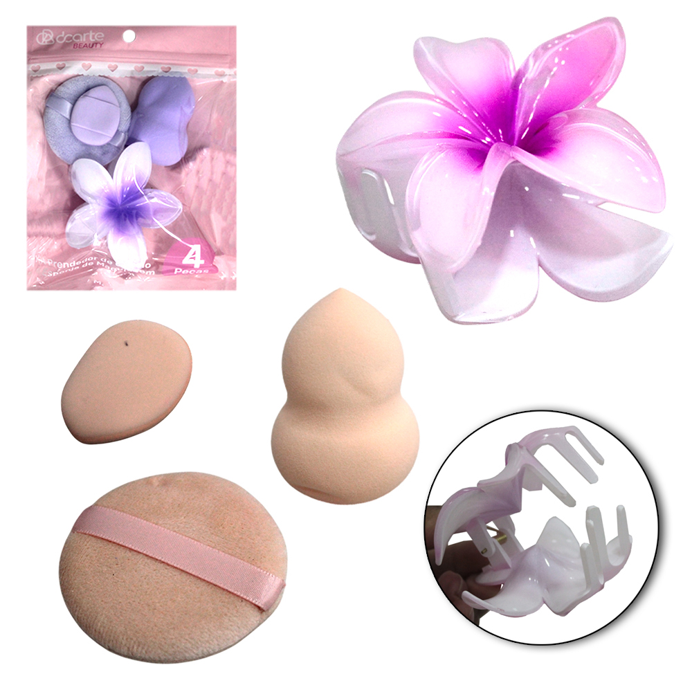 ACESSORIO PARA CABELO PRESILHA FLOR + 3 ESPONJAS PARA MAQUIAGEM GOTA / REDONDA BEAUTY