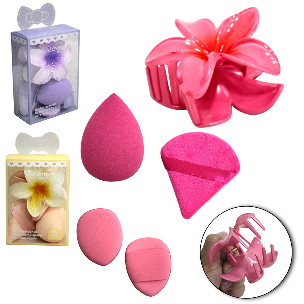 ACESSORIO PARA CABELO PRESILHA FLOR + 4 ESPONJAS PARA MAQUIAGEM GOTA / TRIANGULAR BEAUTY