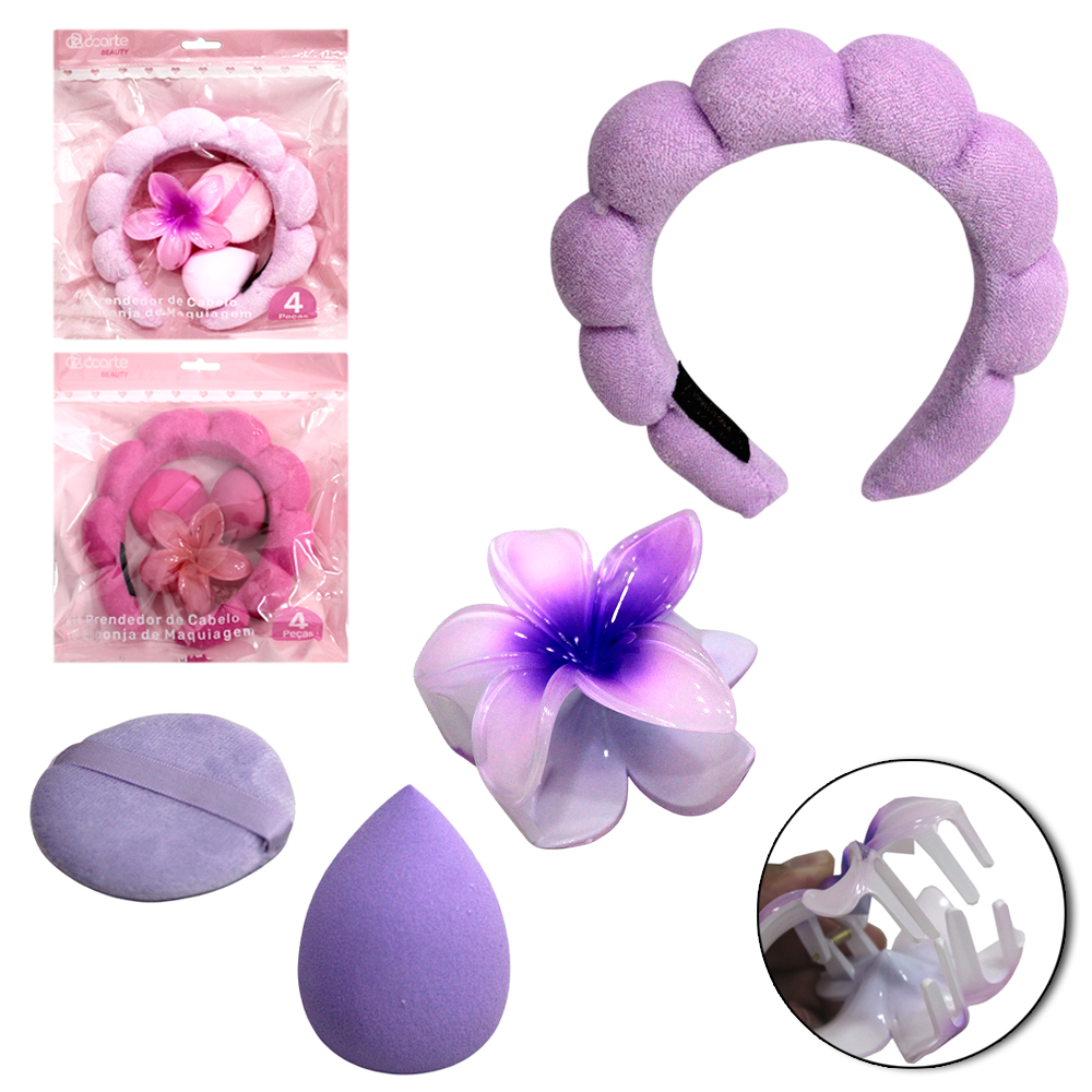 ACESSORIO PARA CABELO PRESILHA FLOR + 2 ESPONJAS PARA MAQUIAGEM GOTA / REDONDA E TIARA DE PELUCIA BEAUTY