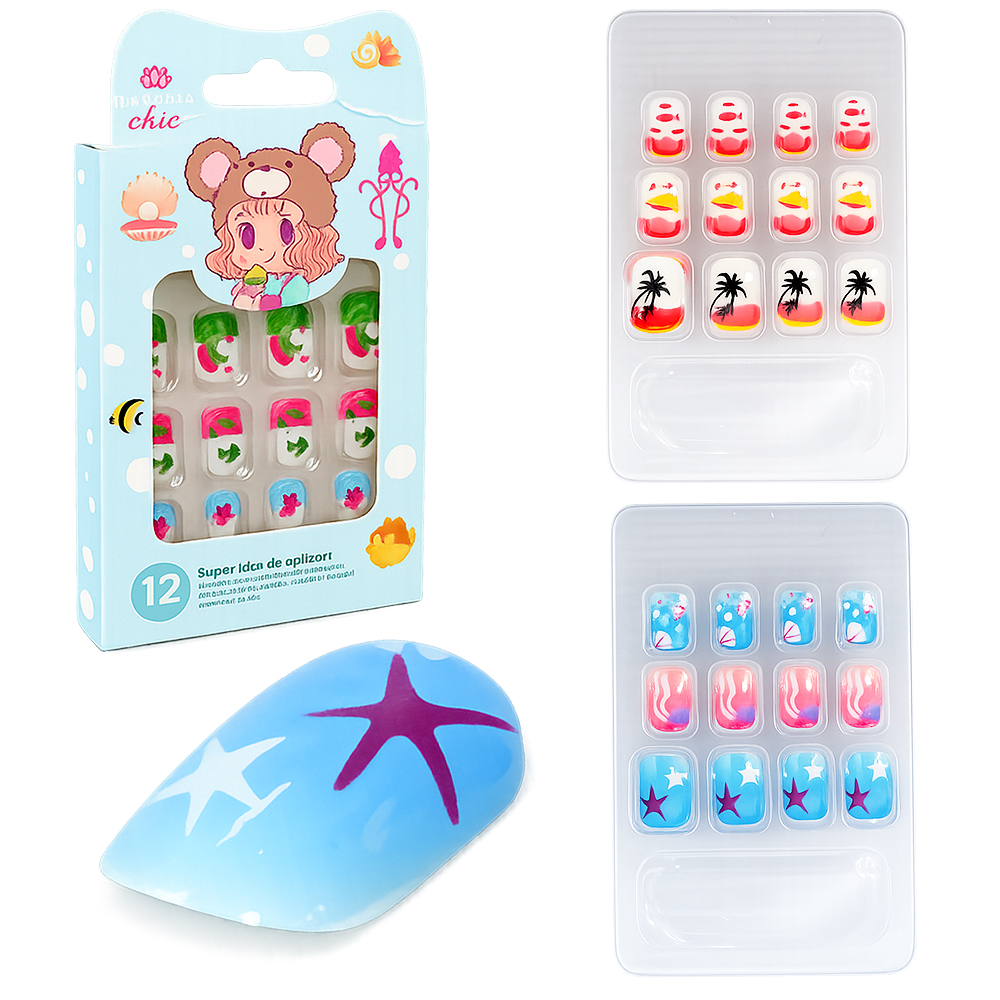 KIT DE UNHAS POSTICAS INFANTIL PARA MAOS SORTIDAS RAINHA CHIC COM 12 PECAS