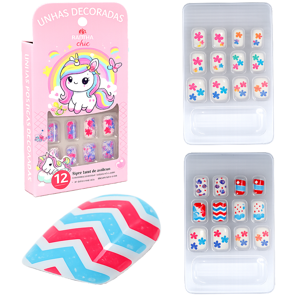 KIT DE UNHAS POSTICAS INFANTIL PARA MAOS SORTIDAS RAINHA CHIC COM 12 PECAS