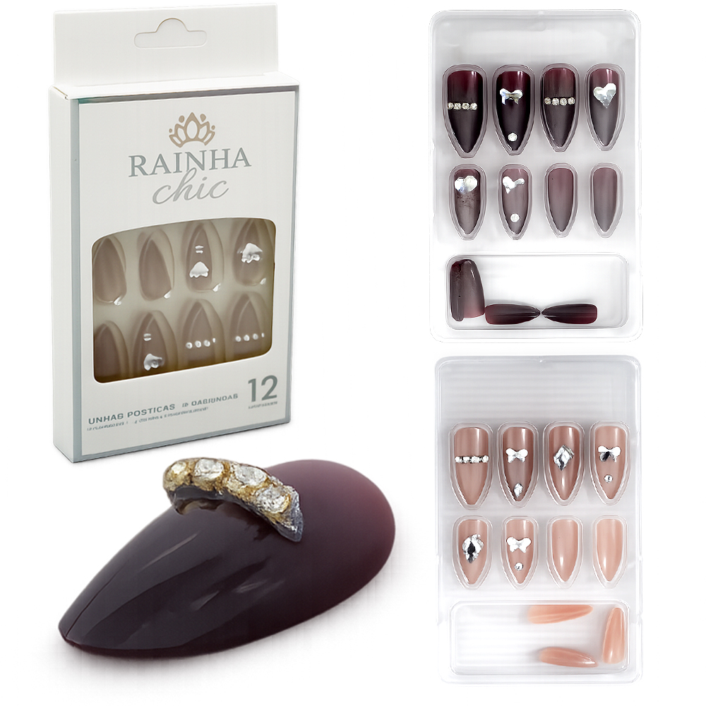 KIT DE UNHAS POSTICAS ALMOND DECORADAS PARA MAOS RAINHA CHIC COM 12 PECAS