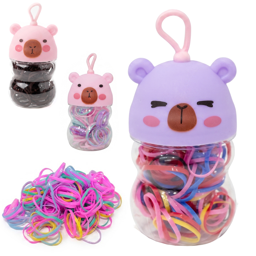 KIT ACESSORIOS PARA CABELO ELASTICO / RABICO DE SILICONE COM 150 PECAS 2CM DE Ø NO POTE CAPIVARA