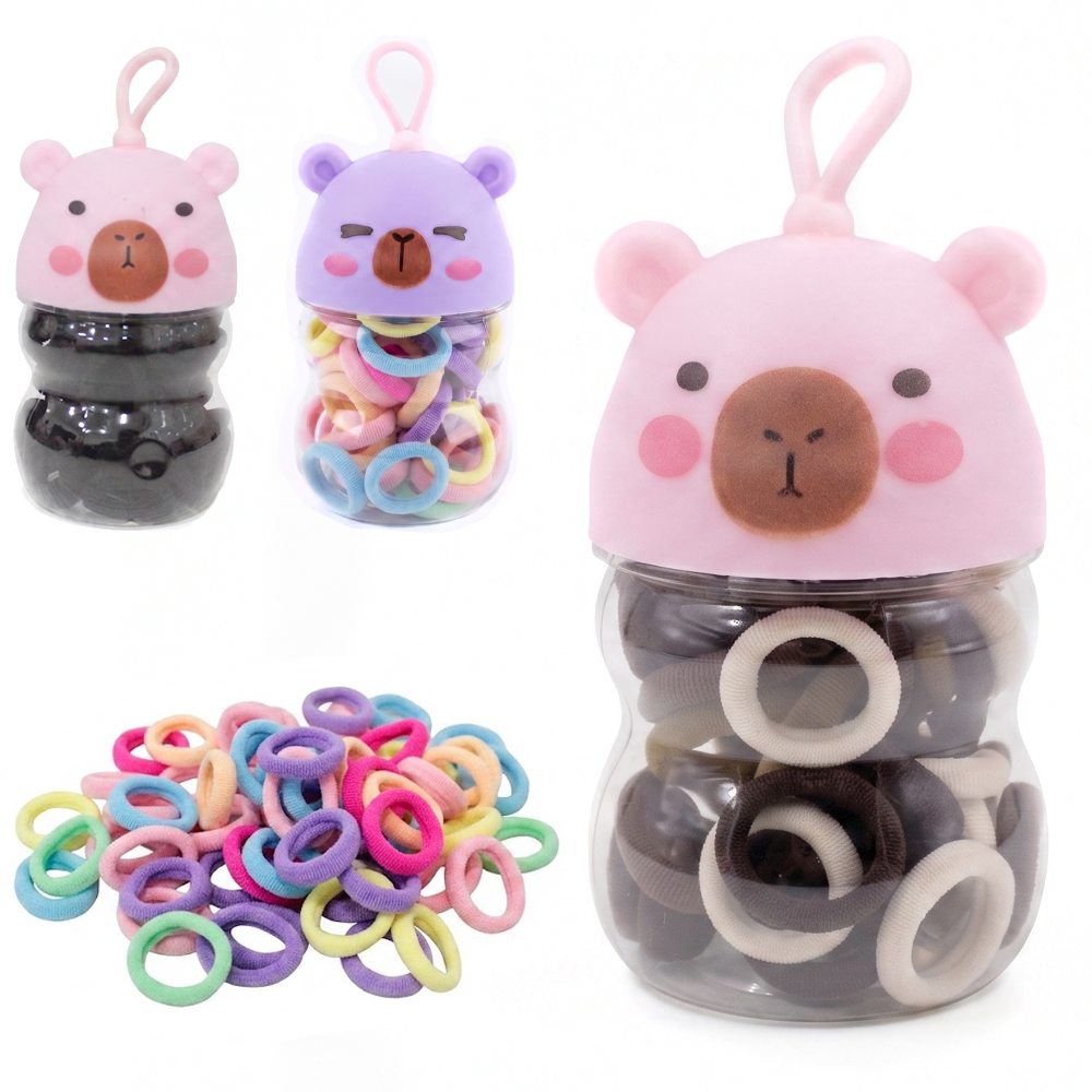 KIT ACESSORIOS PARA CABELO ELASTICO / RABICO COM 50 PECAS 2CM DE Ø NO POTE CAPIVARA