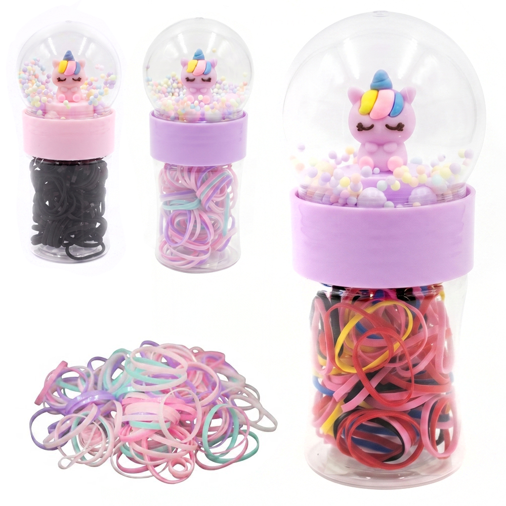 KIT ACESSORIOS PARA CABELO ELASTICO / RABICO DE SILICONE COM 150 PECAS 2CM DE Ø NO POTE UNICORNIO