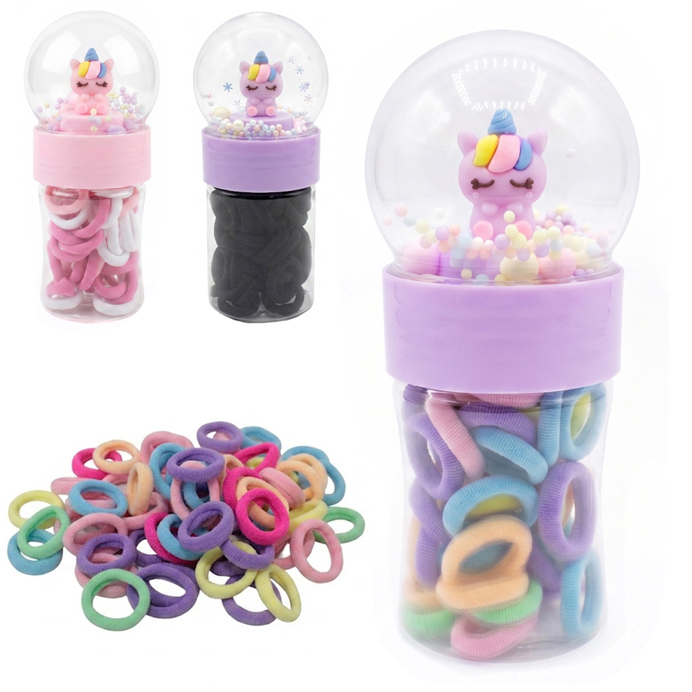 KIT ACESSORIOS PARA CABELO ELASTICO / RABICO COM 50 PECAS 2CM DE Ø NO POTE UNICORNIO