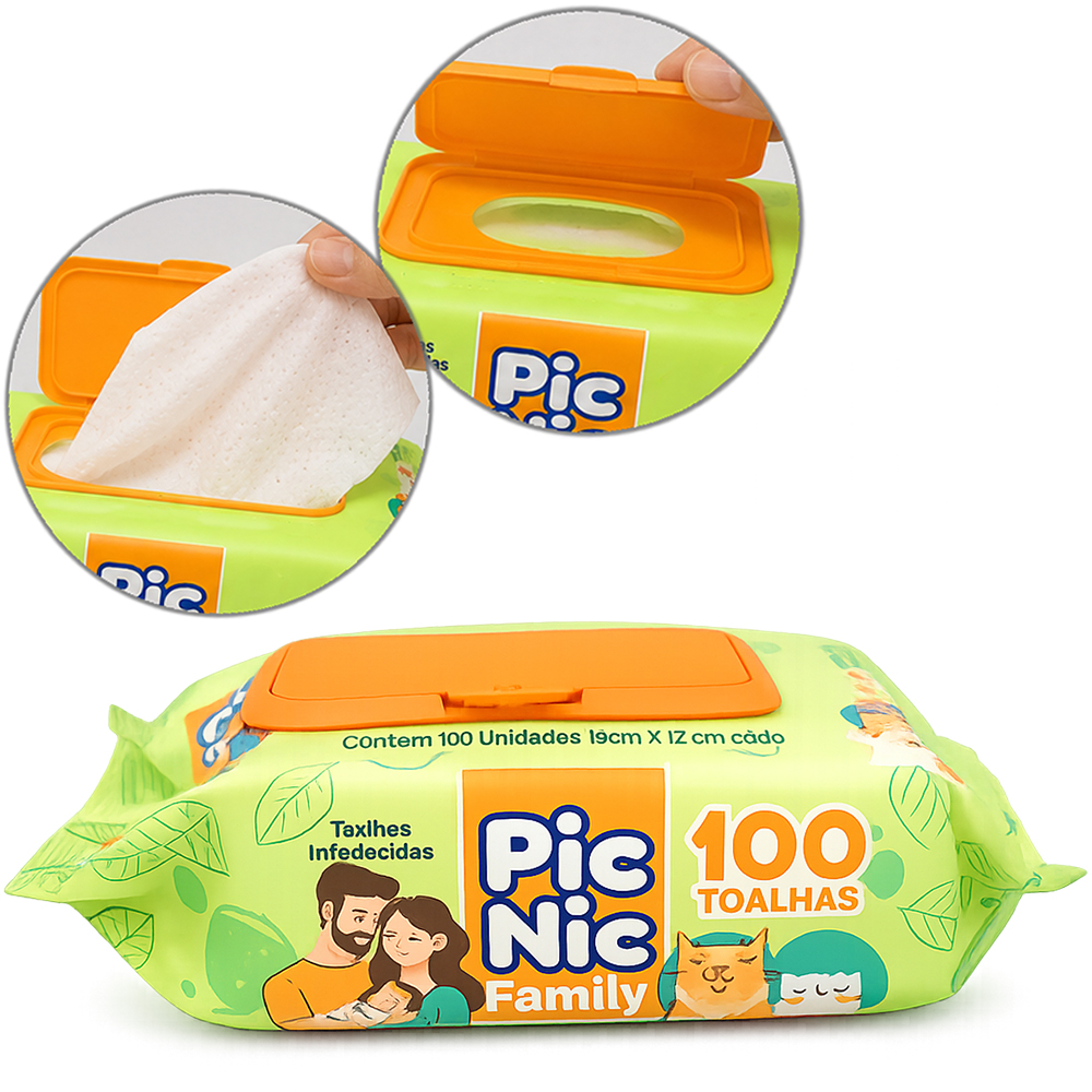 LENCO TOALHA UMEDECIDA PIC NIC FAMILY COM 100 PECAS 19X12CM 