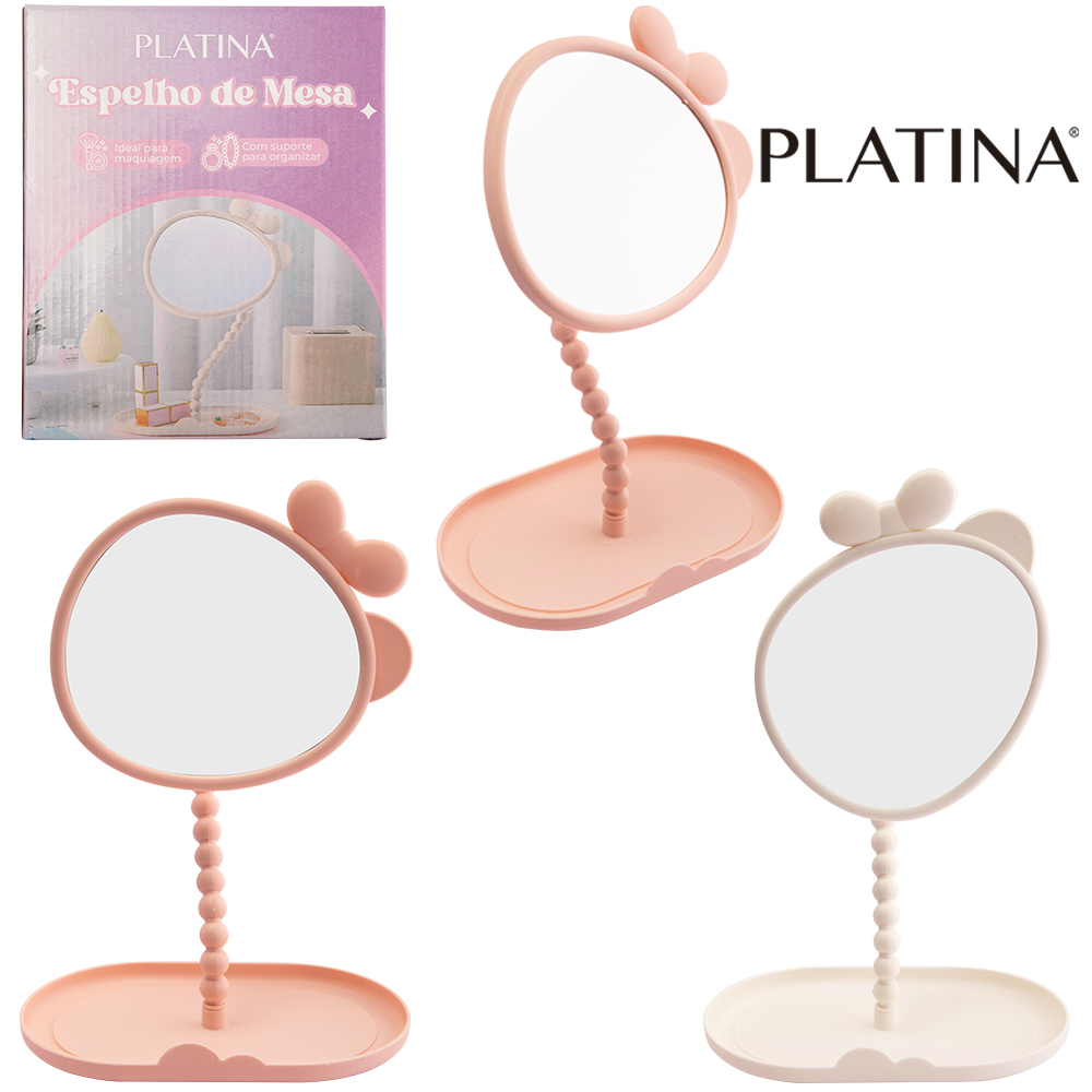 ESPELHO DE MESA COM BASE PORTA JOIAS DE PLASTICO PLATINA 31X21X13