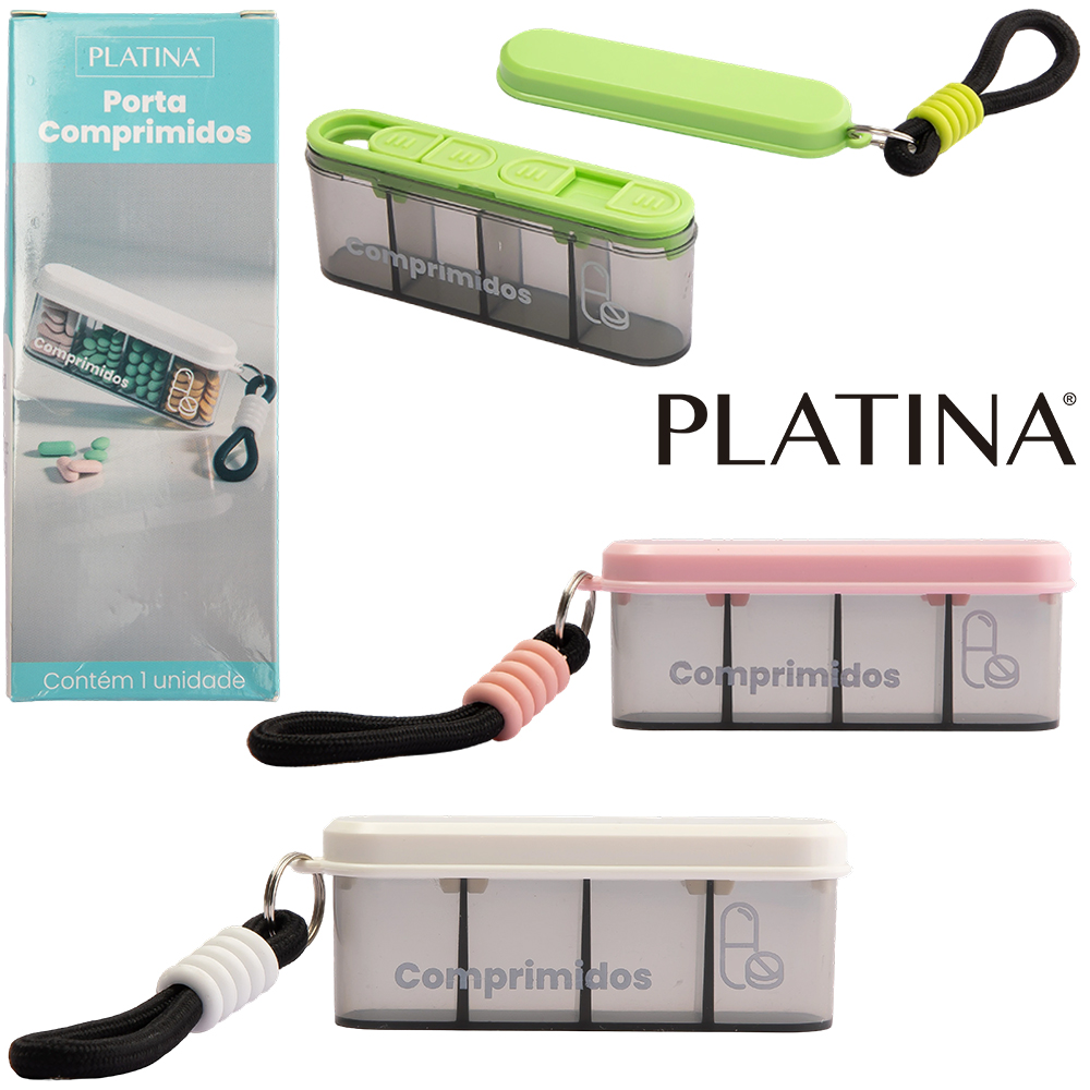 PORTA COMPRIMIDO DE PLASTICO OVAL COM 4 COMPARTIMENTOS COM ALCA PLATINA 11,3X4,3X2,3CM
