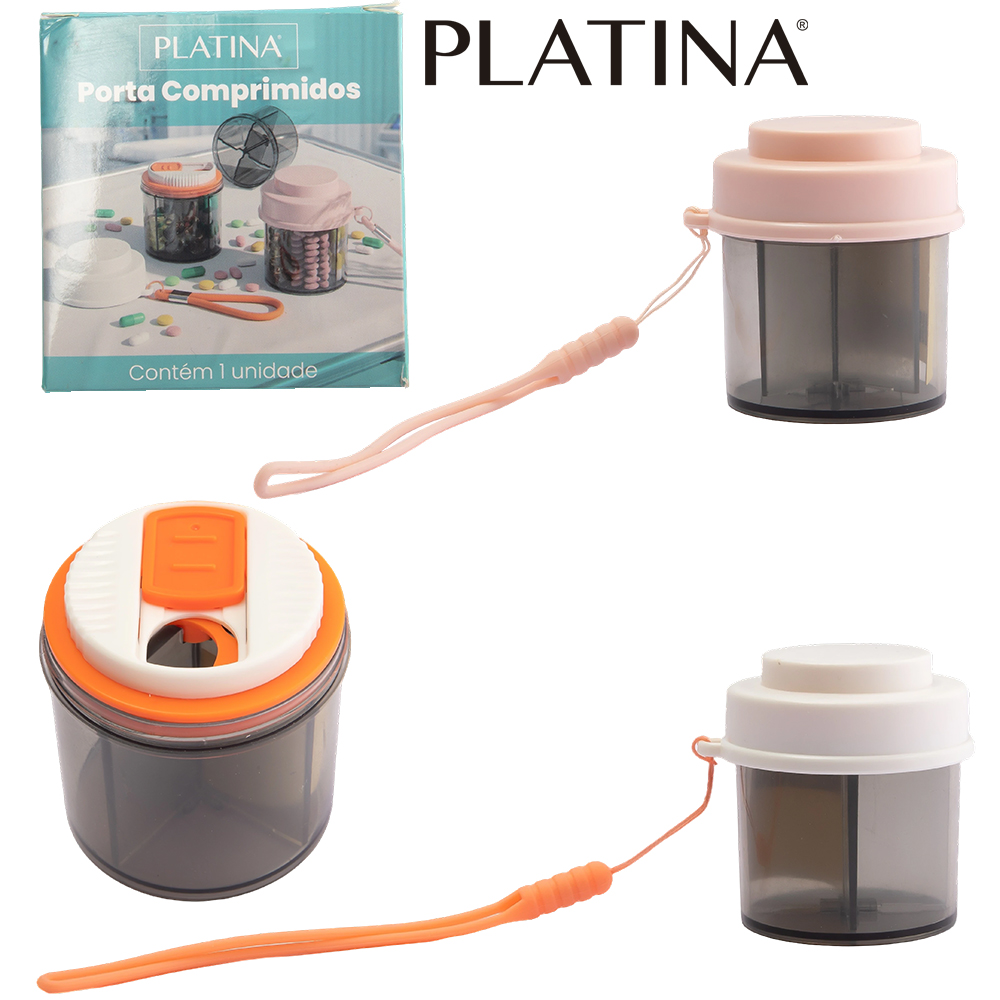 PORTA COMPRIMIDO DE PLASTICO REDONDO COM 4 COMPARTIMENTOS + ALCA DE SILICONE PLATINA 6,6X6CM DE Ø