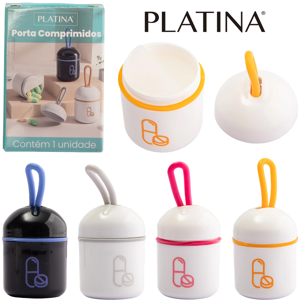 PORTA COMPRIMIDO DE PLASTICO REDONDO COM 2 COMPARTIMENTOS + ALCA DE SILICONE PLATINA 5X3,5CM DE Ø