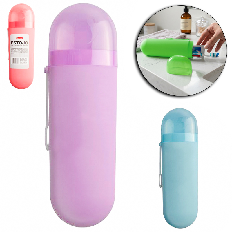 PORTA ESCOVA / ESTOJO DENTAL DE PLASTICO OVAL BIPARTIDO COM ALCA DENTALIS 20X6X3CM