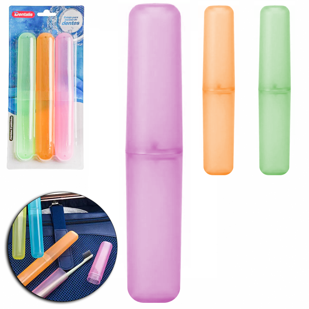 PORTA ESCOVA / ESTOJO DENTAL INDIVIDUAL DE PLASTICO OVAL BIPARTIDO DENTALIS COM 3 PECAS 20X3X2CM