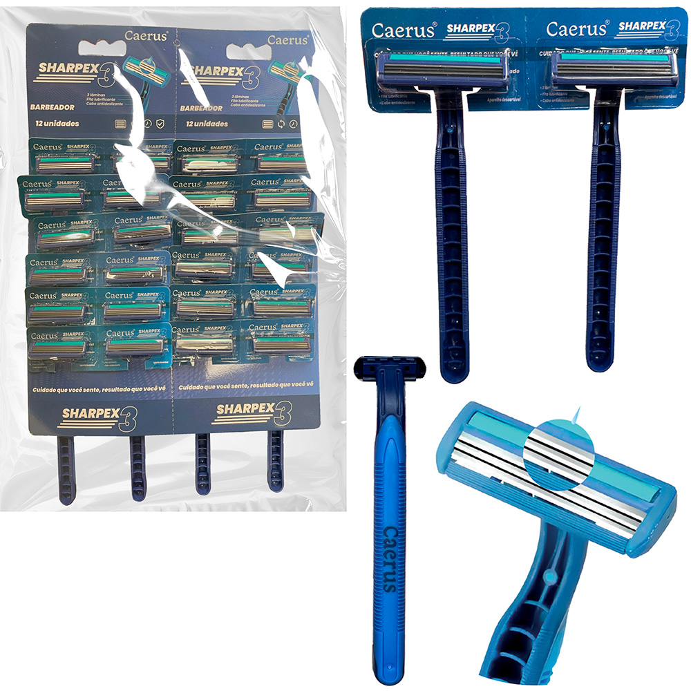 APARELHO DE BARBEAR / BARBEADOR DESCARTAVEL COM 3 LAMINAS DE INOX + FITA LUBRIFICANTE SHARPEX AZUL 24 PECAS