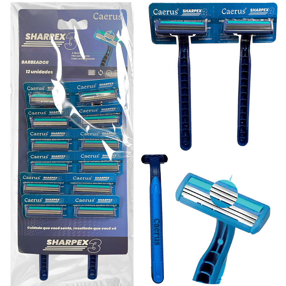 APARELHO DE BARBEAR / BARBEADOR DESCARTAVEL COM 3 LAMINAS DE INOX + FITA LUBRIFICANTE SHARPEX AZUL 12 PECAS