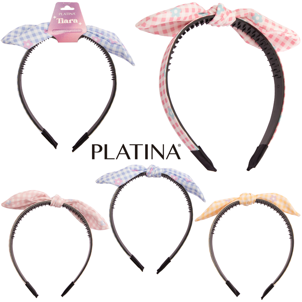 TIARA DE POLIESTER XADREZ COM LACO PLATINA 15X13X1,6CM