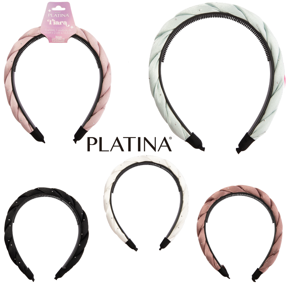 TIARA DE POLIESTER COM STRASS PLATINA 16,5X14X2CM