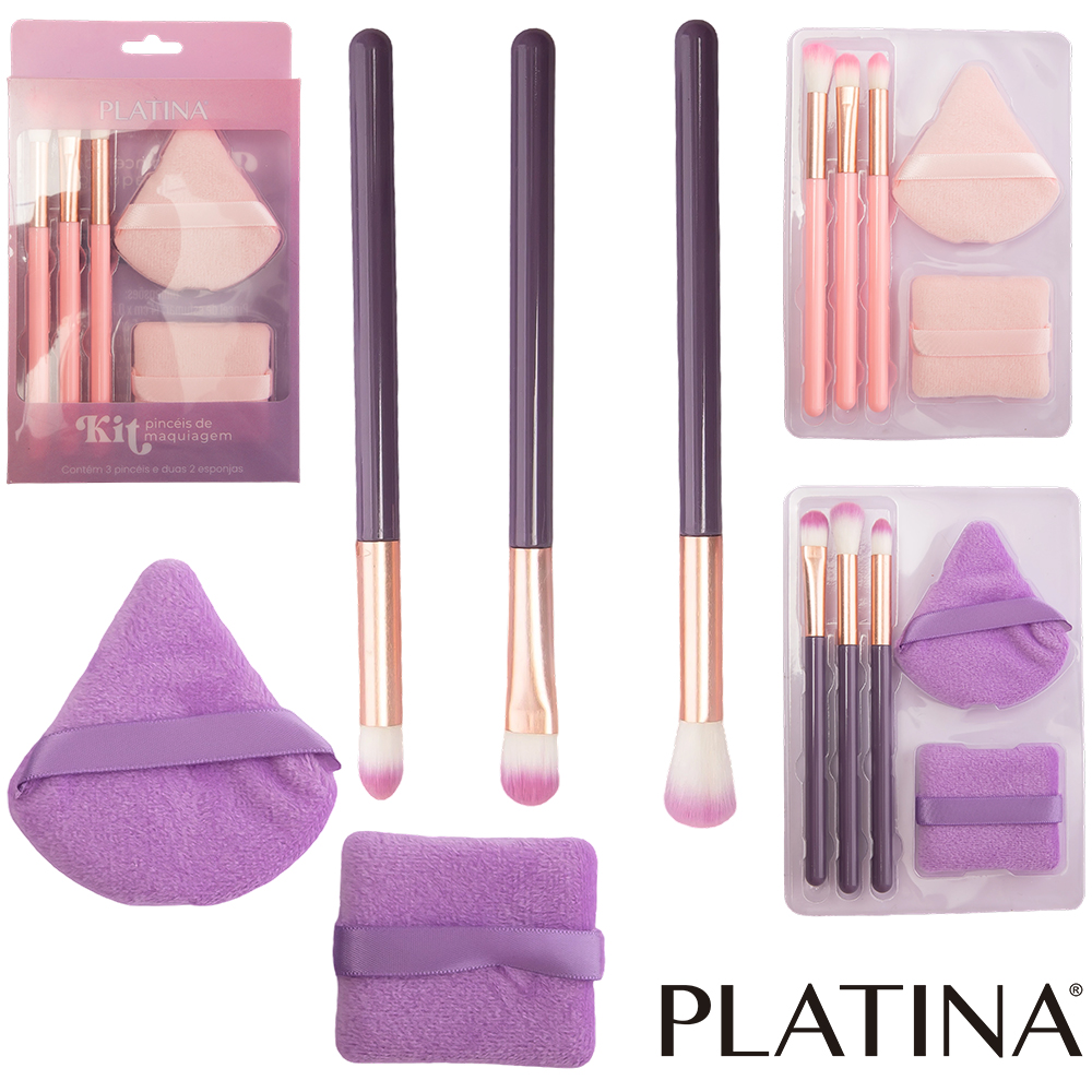 PINCEL COM ESPONJA RETANGULAR / TRIANGULAR PARA MAKE / MAQUIAGEM PLATINA 5 PECAS