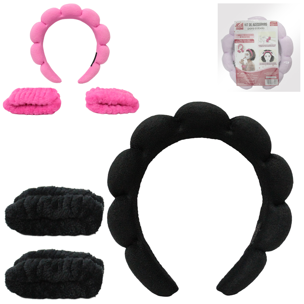KIT ACESSORIOS PARA CABELO TIARA DE PELUCIA + 2 MUNHEQUEIRAS