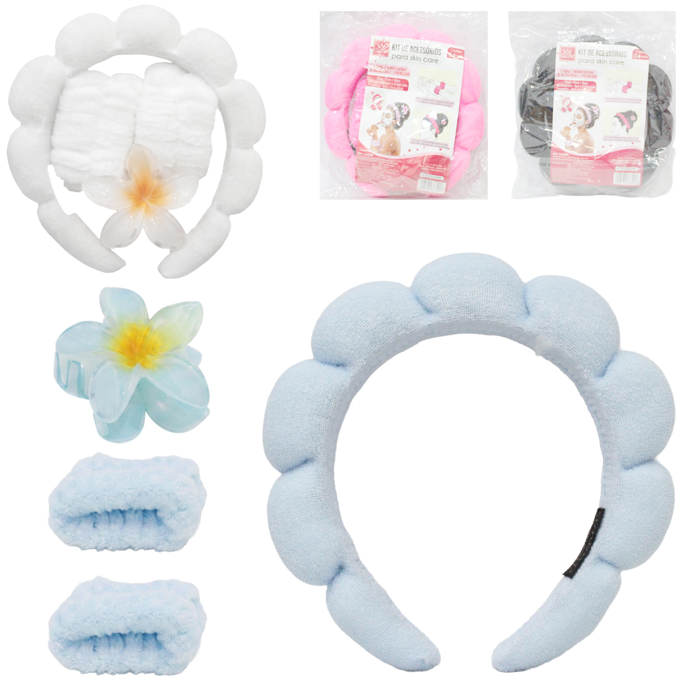 KIT ACESSORIOS PARA CABELO PRESILHA FLOR + 2 MUNHEQUEIRAS E TIARA DE PELUCIA