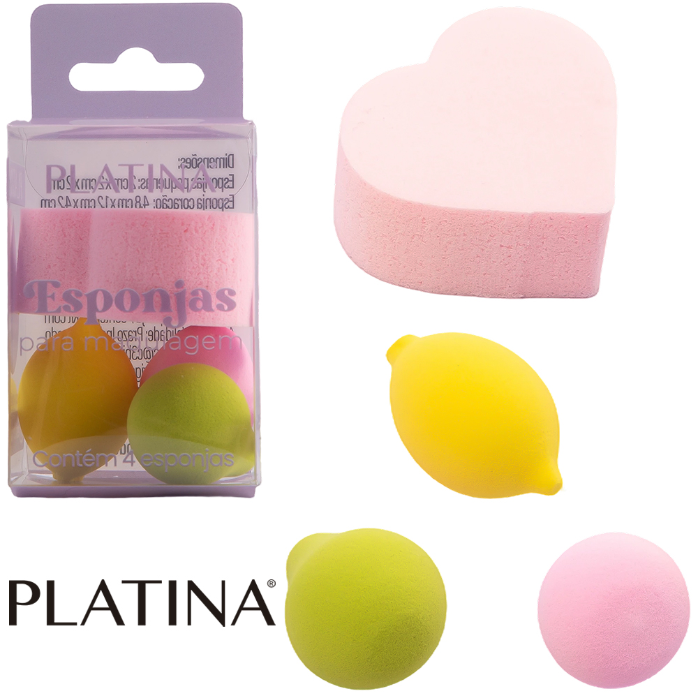 ESPONJA PARA MAQUIAGEM CORACAO / GOTA / LIMAO SICILIANO / PERA PLATINA 4 PECAS