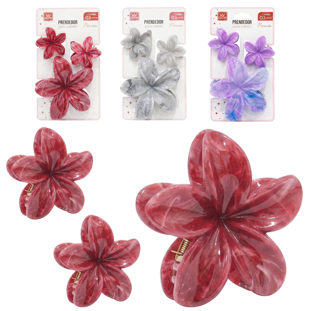 KIT ACESSORIOS PARA CABELO PIRANHA FLOR COM 3 PECAS