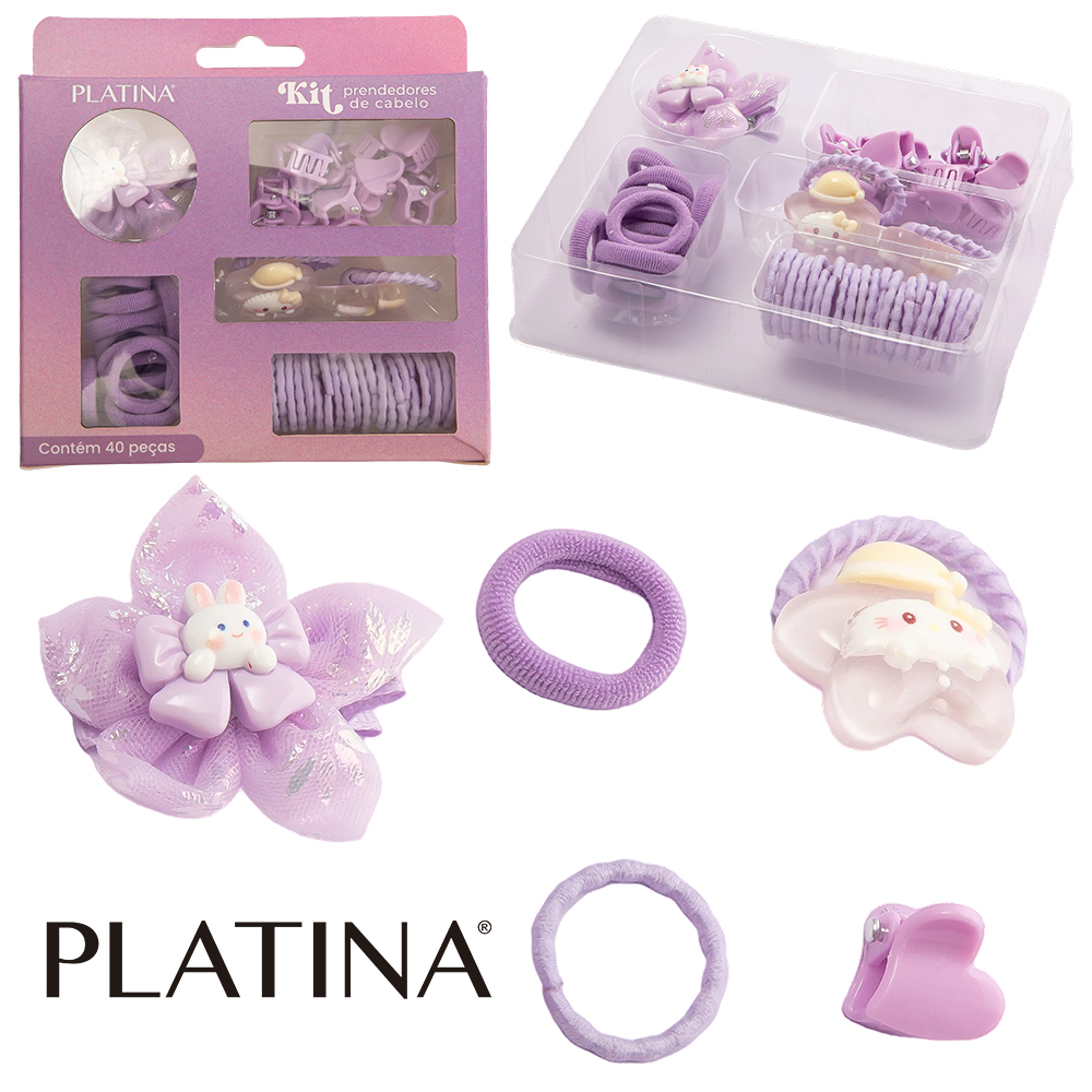 KIT ACESSORIOS PARA CABELO ELASTICO / RABICO + PRESILHA E MINI PIRANHA PLATINA 40 PECAS