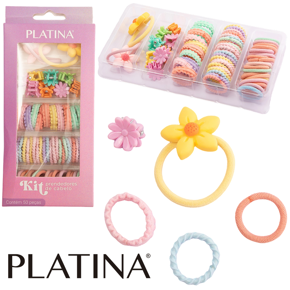 KIT ACESSORIOS PARA CABELO ELASTICO / RABICO + MINI PIRANHA PLATINA COM 50 PEÇAS