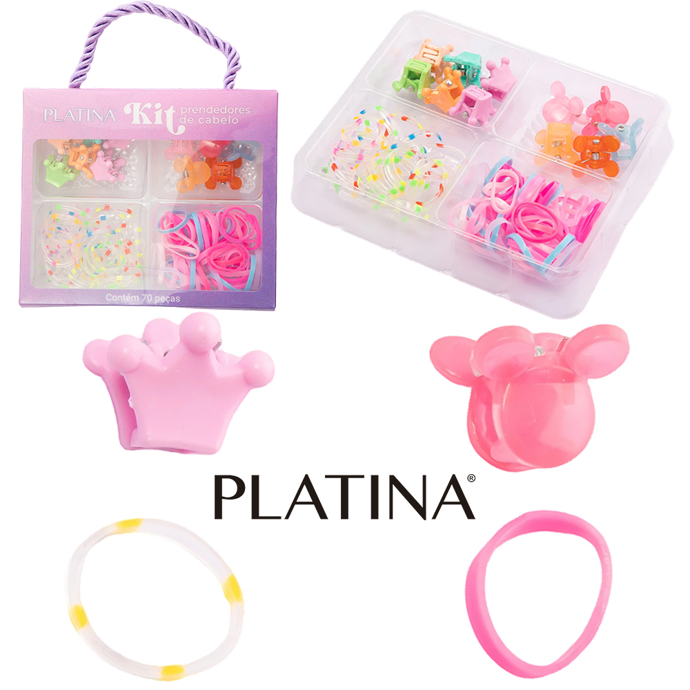 KIT ACESSORIOS PARA CABELO ELASTICO / RABICO DE SILICONE + MINI PIRANHA PLATINA 70 PECAS